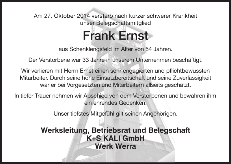  Traueranzeige für Frank Ernst vom 30.10.2014 aus Hersfeld