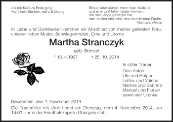 Traueranzeige von Martha Stranczyk von Hersfeld