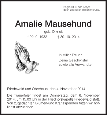 Traueranzeige von Amalie Mausehund von Hersfeld