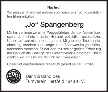 Traueranzeige von Jo Spangenberg von Hersfeld