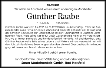 Traueranzeige von Günther Raabe von Hersfeld