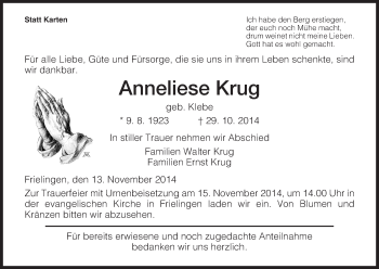 Traueranzeige von Anneliese Krug von Hersfeld