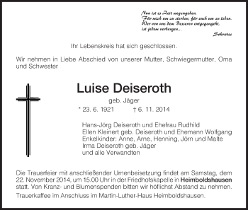 Traueranzeige von Luise Deiseroth von Hersfeld