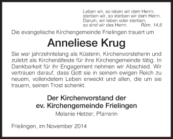 Traueranzeige von Anneliese Krug von Hersfeld