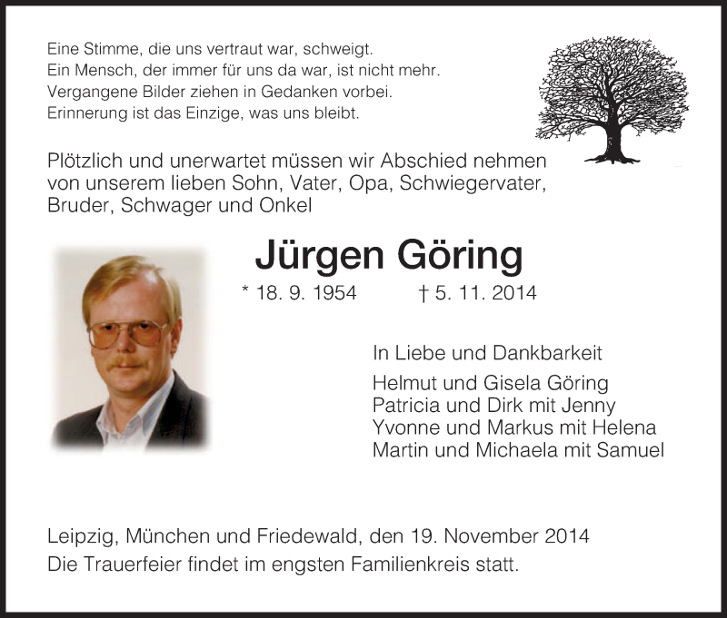  Traueranzeige für Jürgen Göring vom 19.11.2014 aus Hersfeld