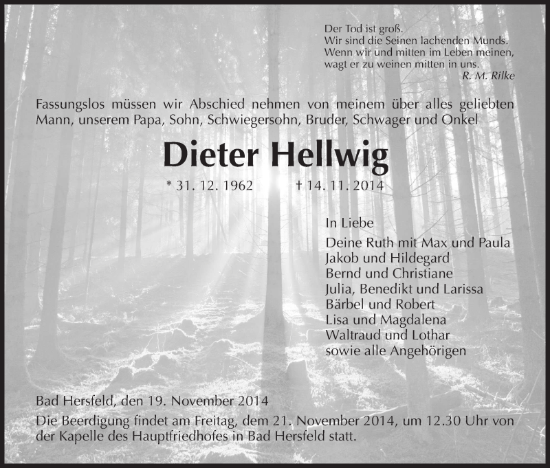  Traueranzeige für Dieter Hellwig vom 19.11.2014 aus Hersfeld