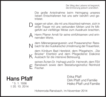 Traueranzeige von Hans Pfaff von Hersfeld