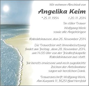 Traueranzeige von Angelika Keim von Hersfeld