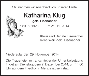 Traueranzeige von Katharina Klug von Hersfeld