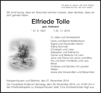 Traueranzeige von Elfriede Tolle von Hersfeld