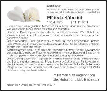 Traueranzeige von Elfriede Käberich von Hersfeld