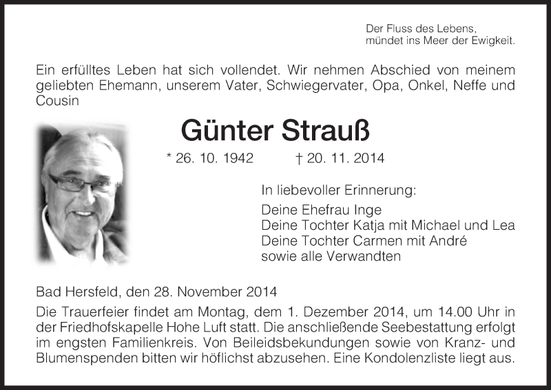  Traueranzeige für Günter Strauß vom 28.11.2014 aus Hersfeld
