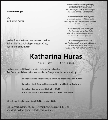 Traueranzeige von Katharina Huras von Hersfeld