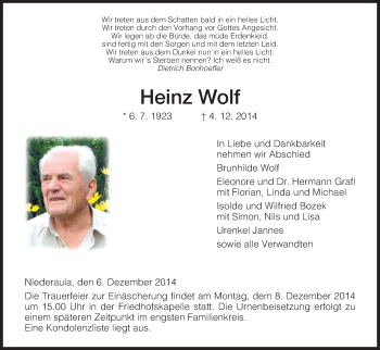 Traueranzeige von Heinz Wolf von Hersfeld