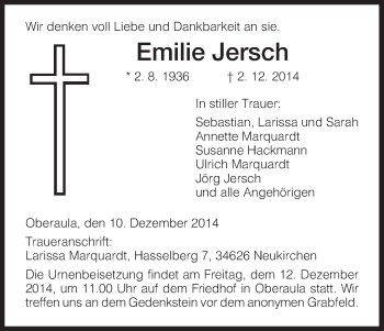 Traueranzeige von Emilie Jersch von Hersfeld