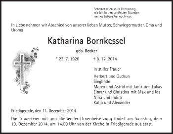 Traueranzeige von Katharina Bornkessel von Hersfeld