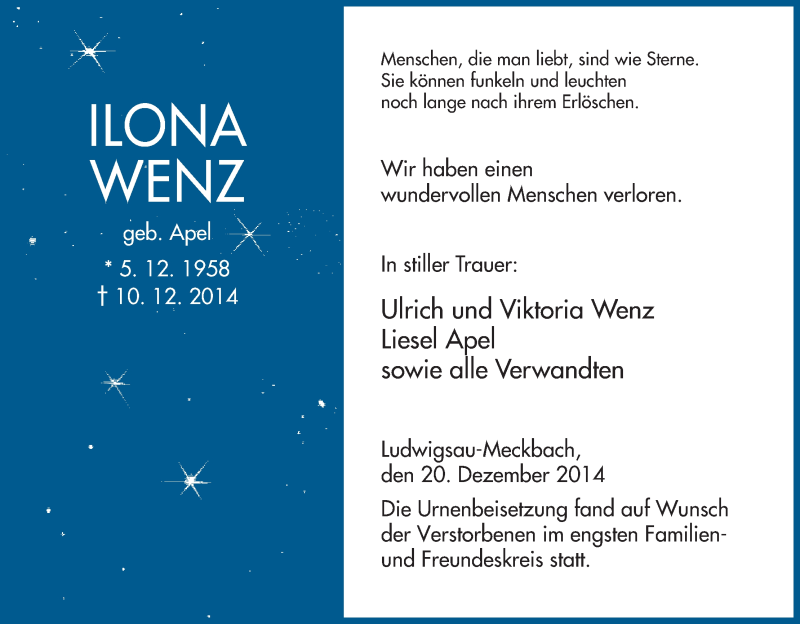  Traueranzeige für Ilona Wenz vom 20.12.2014 aus Hersfeld