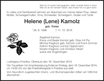 Traueranzeige von Helene Kamolz von Hersfeld