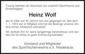 Traueranzeige von Heinz Wolf von Hersfeld