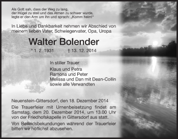 Traueranzeige von Walter Bolender von Hersfeld