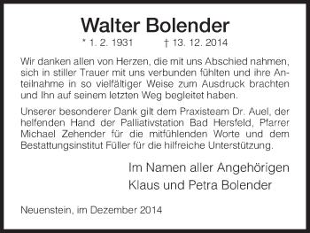 Traueranzeige von Walter Bolender von Hersfeld