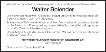 Traueranzeige von Walter Bolender von Hersfeld