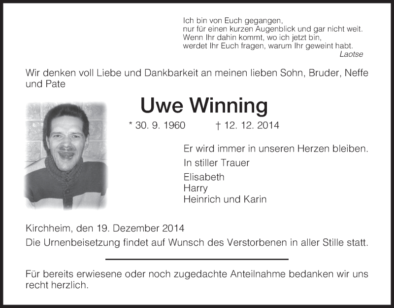  Traueranzeige für Uwe Winning vom 19.12.2014 aus Hersfeld