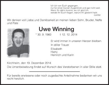 Traueranzeige von Uwe Winning von Hersfeld