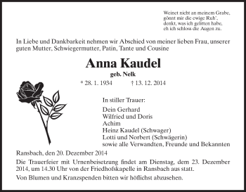 Traueranzeige von Anna Kaudel von Hersfeld