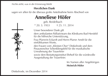 Traueranzeige von Anneliese Höfer von Hersfeld