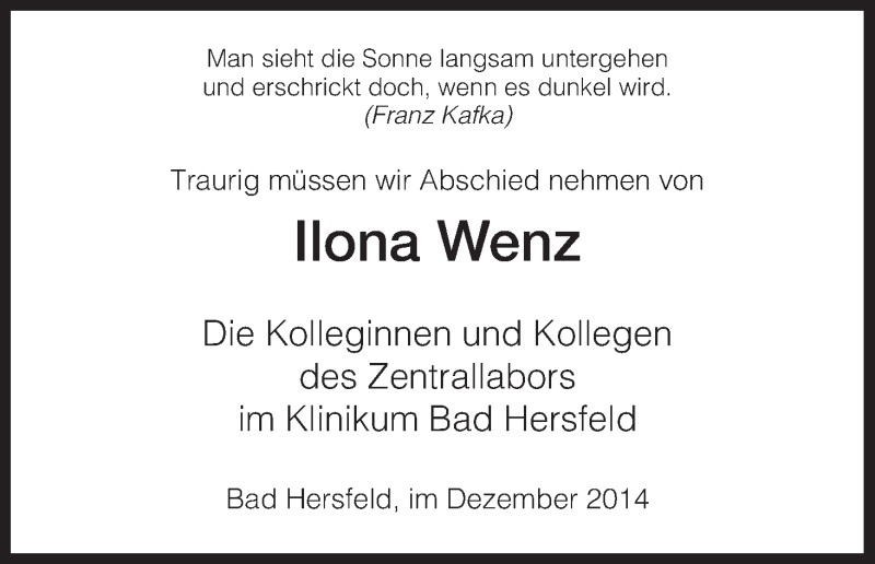  Traueranzeige für Ilona Wenz vom 20.12.2014 aus Hersfeld