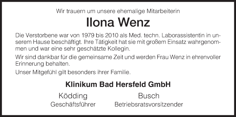  Traueranzeige für Ilona Wenz vom 20.12.2014 aus Hersfeld