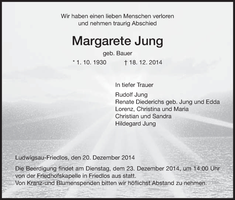  Traueranzeige für Margarete Jung vom 20.12.2014 aus Hersfeld