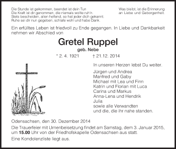 Traueranzeige von Gretel Ruppel von Hersfeld