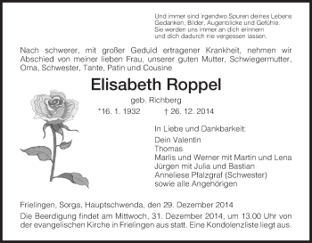 Traueranzeige von Elisabeth Roppel von Hersfeld