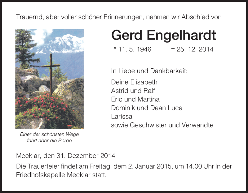  Traueranzeige für Gerd Engelhardt vom 31.12.2014 aus Hersfeld