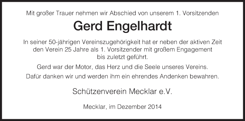  Traueranzeige für Gerd Engelhardt vom 31.12.2014 aus Hersfeld