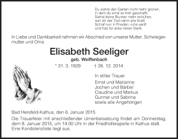 Traueranzeige von Elisabeth Seeliger von Hersfeld