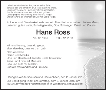 Traueranzeige von Hans Roos von Hersfeld