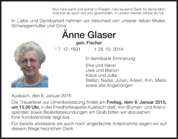 Traueranzeige von Ã?nne Glaser von Hersfeld