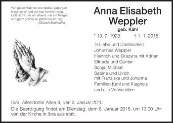 Traueranzeige von Anna Elisabeth Weppler von Hersfeld