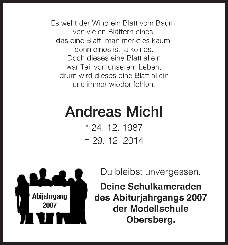  Traueranzeige für Andreas Michl vom 10.01.2015 aus Hersfeld