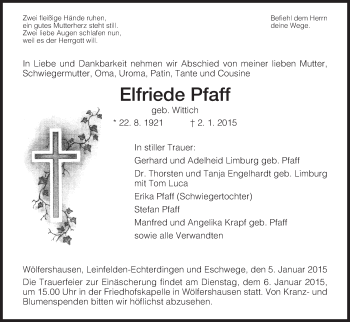 Traueranzeige von Elfiede Pfaff von Hersfeld