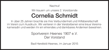 Traueranzeige von Cornelia Schmidt von Hersfeld