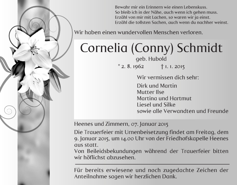  Traueranzeige für Cornelia Conny  Schmidt vom 07.01.2015 aus Hersfeld