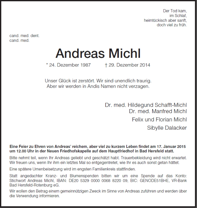  Traueranzeige für Andreas Michl vom 10.01.2015 aus Hersfelder Zeitung