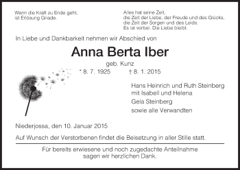 Traueranzeige von Anna Berta Iber von Hersfeld