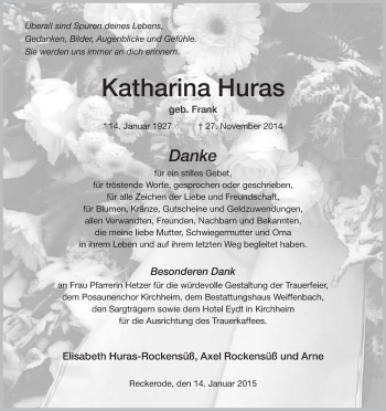 Traueranzeige von Katharina Huras von Hersfeld