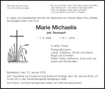 Traueranzeige von Marie Michaelis von Hersfeld