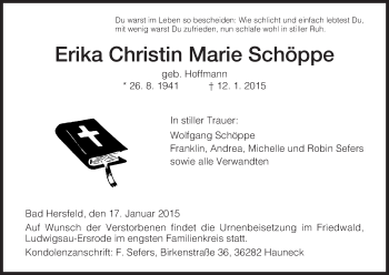 Traueranzeige von Erika Christin Marie Schöppe von Hersfeld